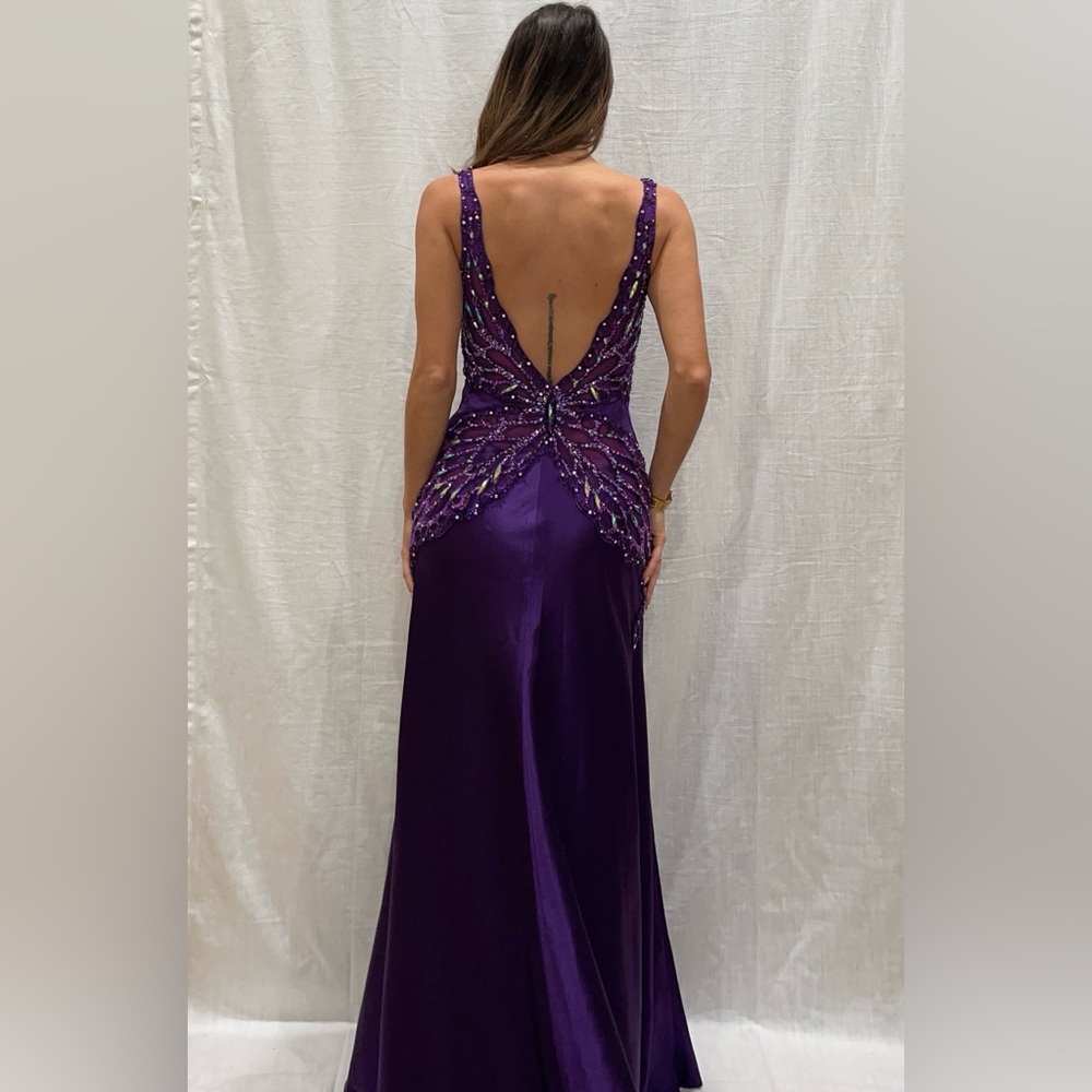 Precious Formals Purple Silk Beaded Butterfly Low Back Gown